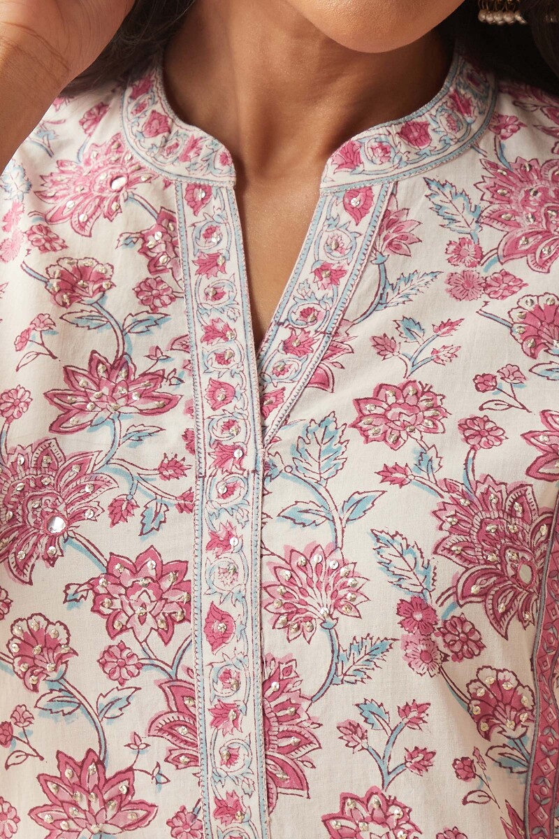 White Hand Block-Printed Straight Cotton Kurta