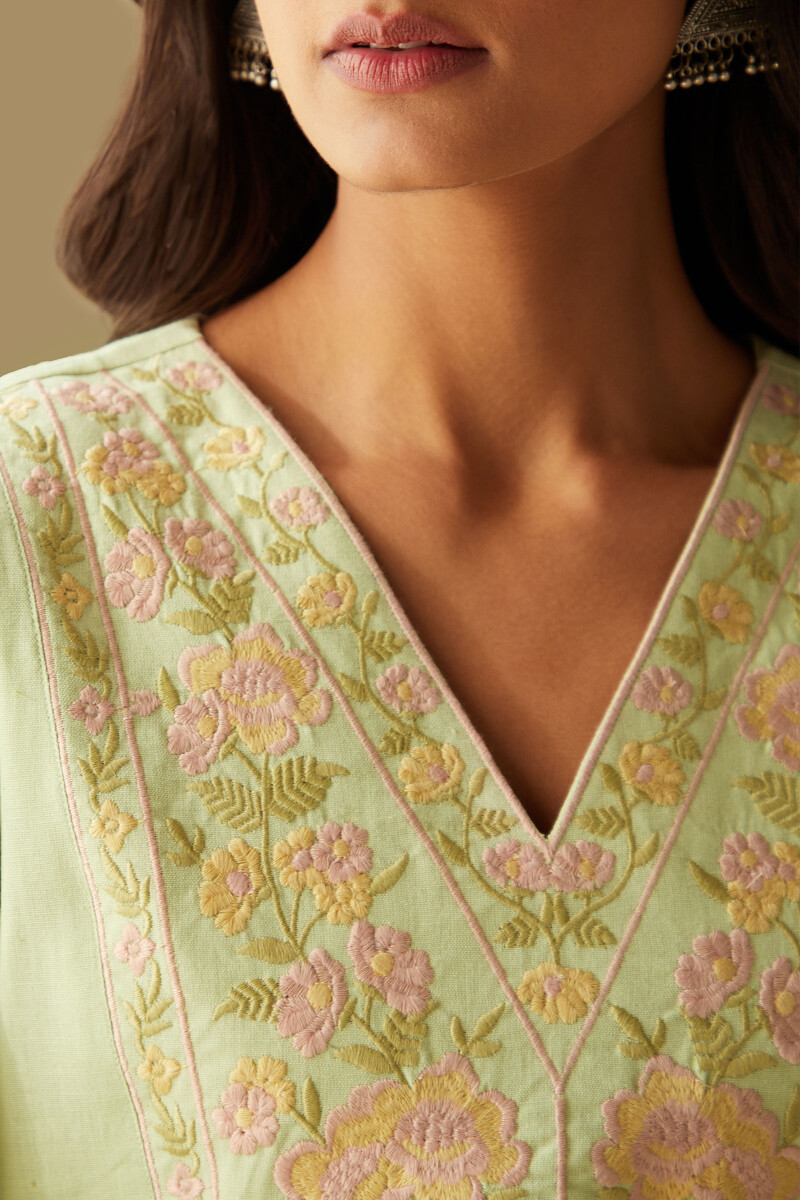 Green Handcrafted Straight Cotton Flax Kurta