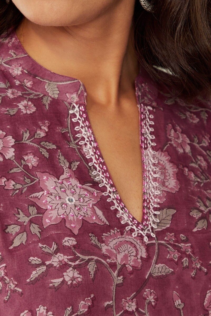 Purple Hand Block-Printed Straight Cotton Slub Kurta
