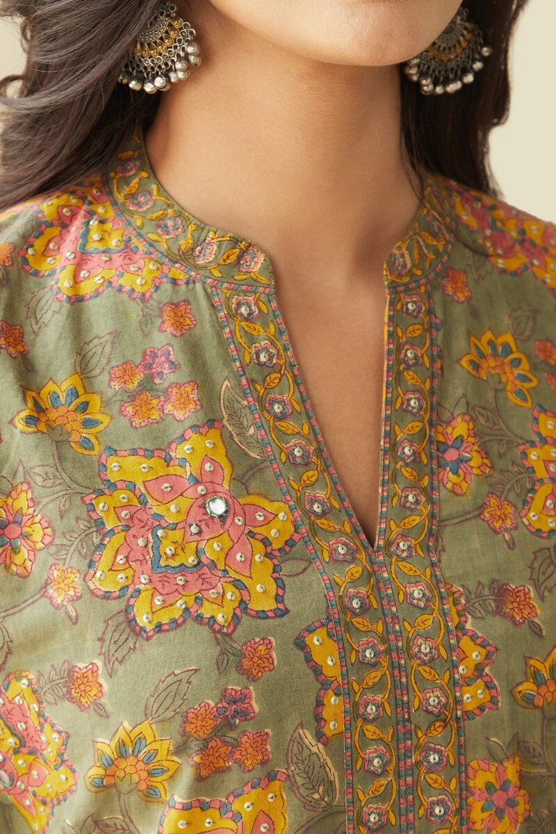 Olive Green Hand Block-Printed Straight Cotton Kurta