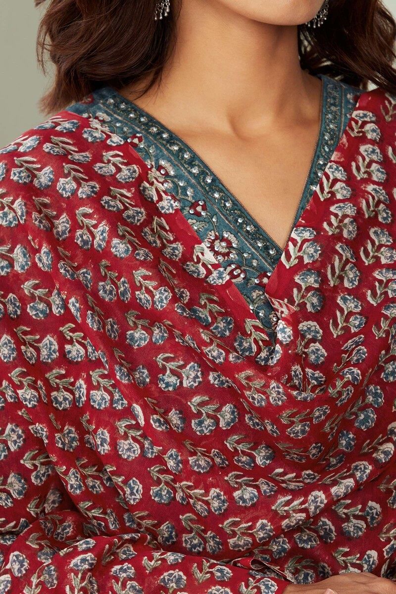 Red Hand Block-Printed Chanderi Dupatta