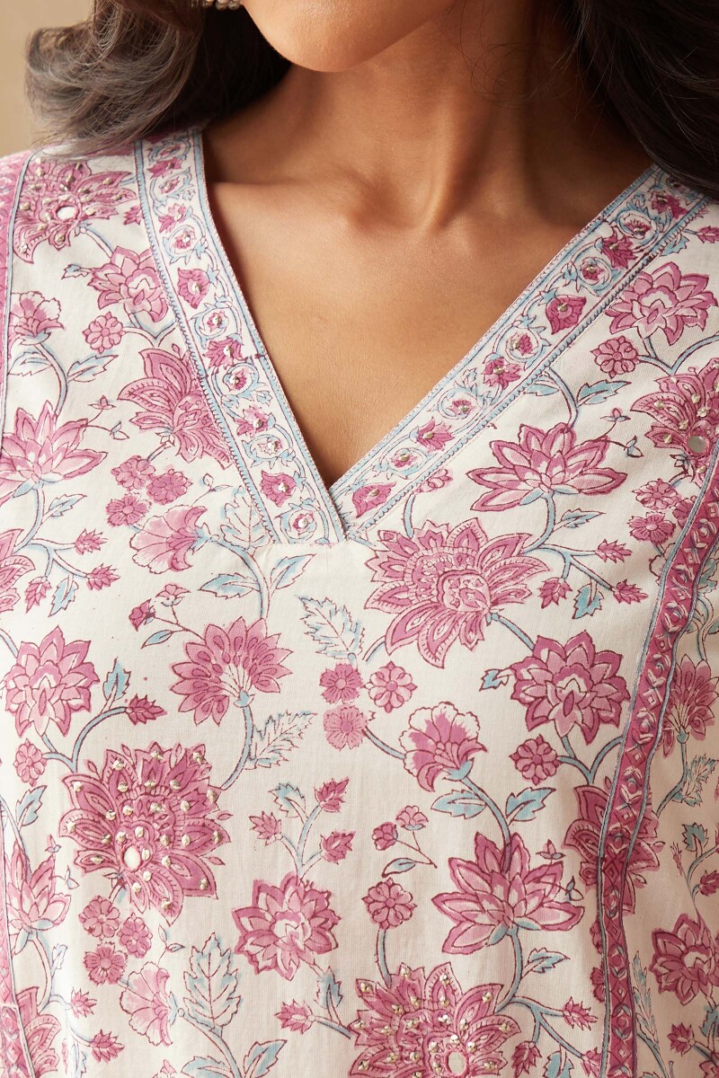 White Hand Block-Printed Straight Cotton Kurta