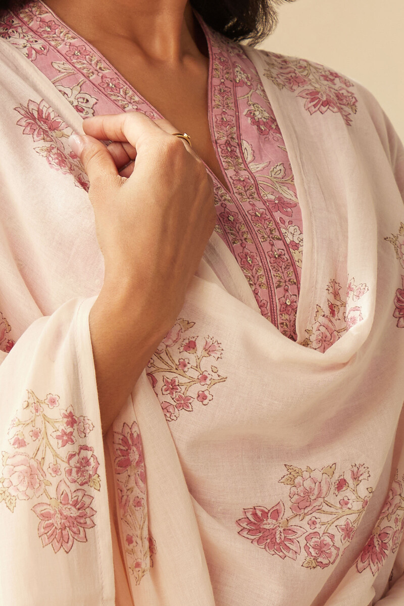 Light Pink Hand Block-Printed Cotton Mul Dupatta
