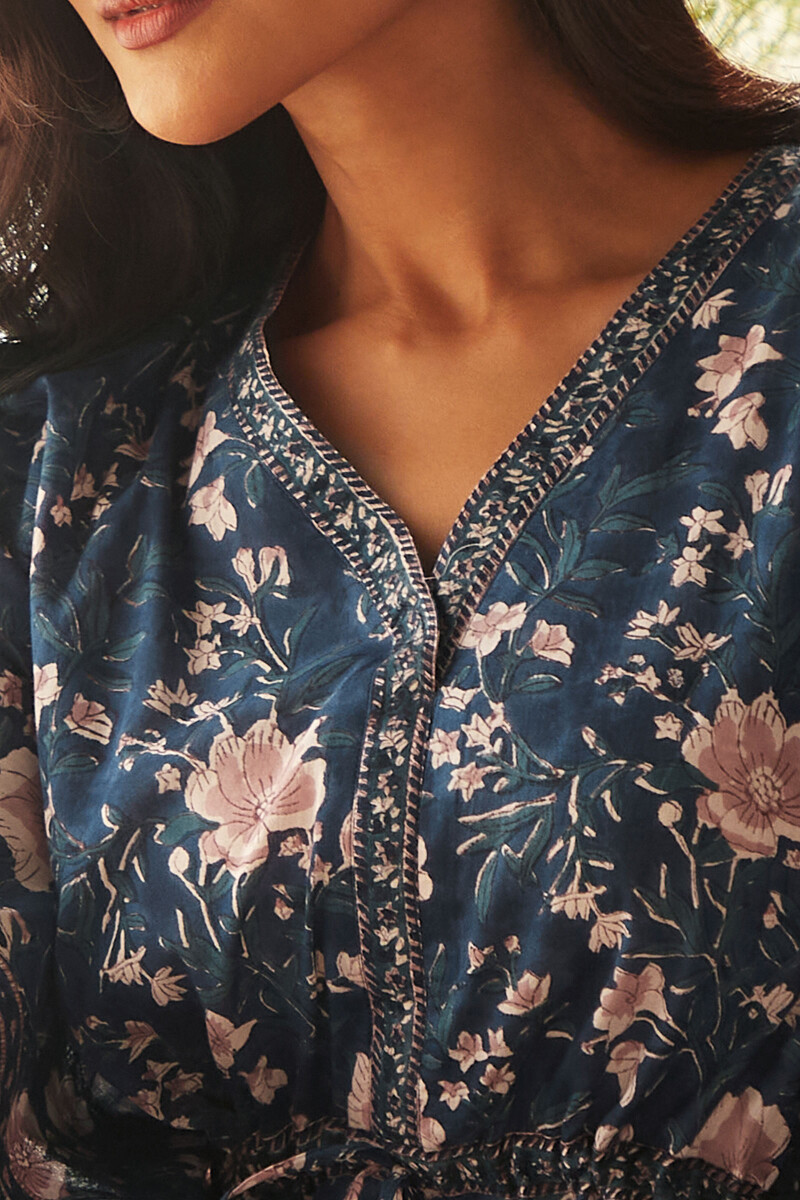 Blue Hand Block-Printed Cotton Mul Kaftan