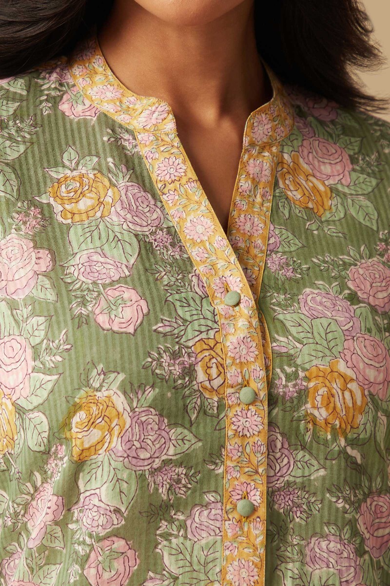 Green Hand Block-Printed Cotton Dobby Loungewear Set