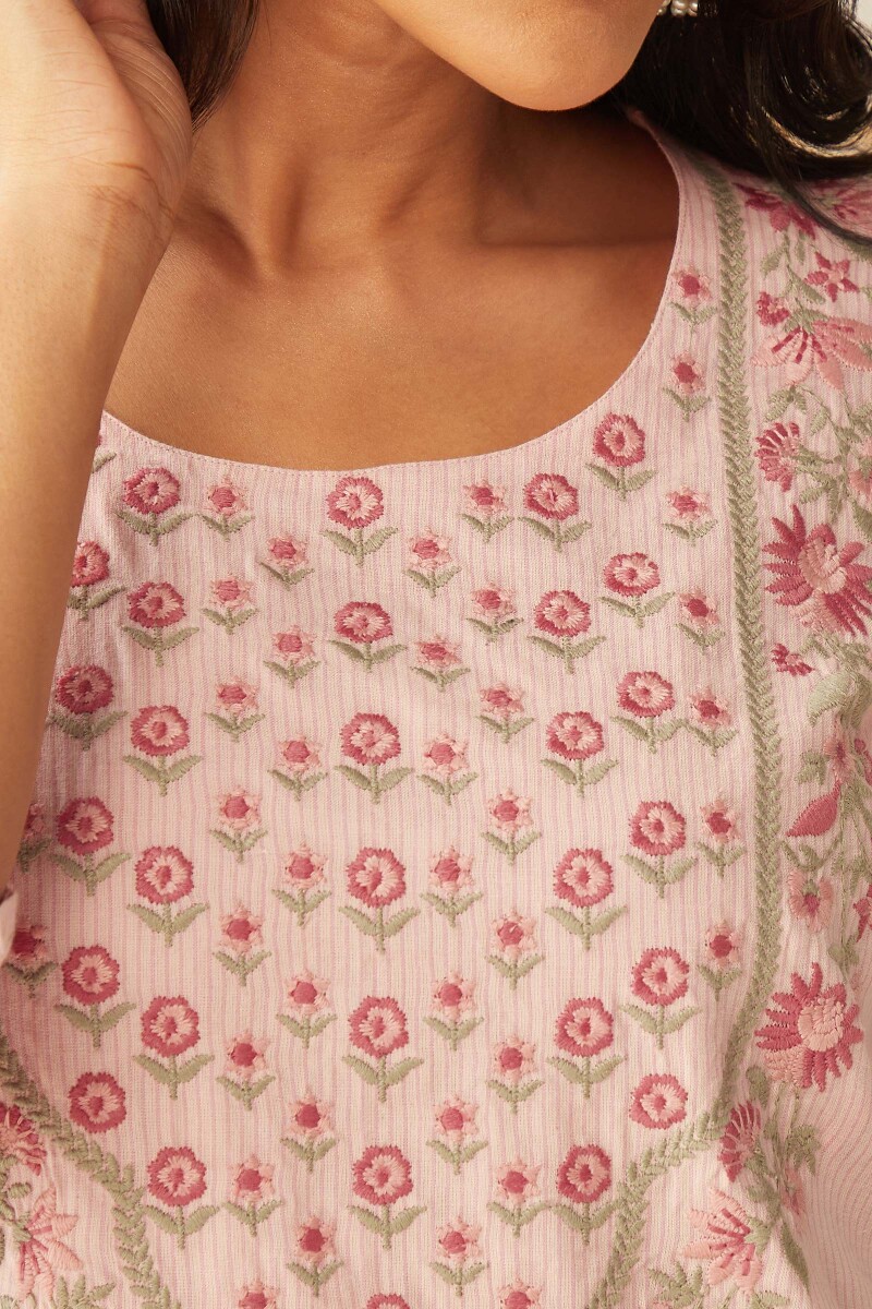 Pink Handcrafted Straight Cotton Kurta