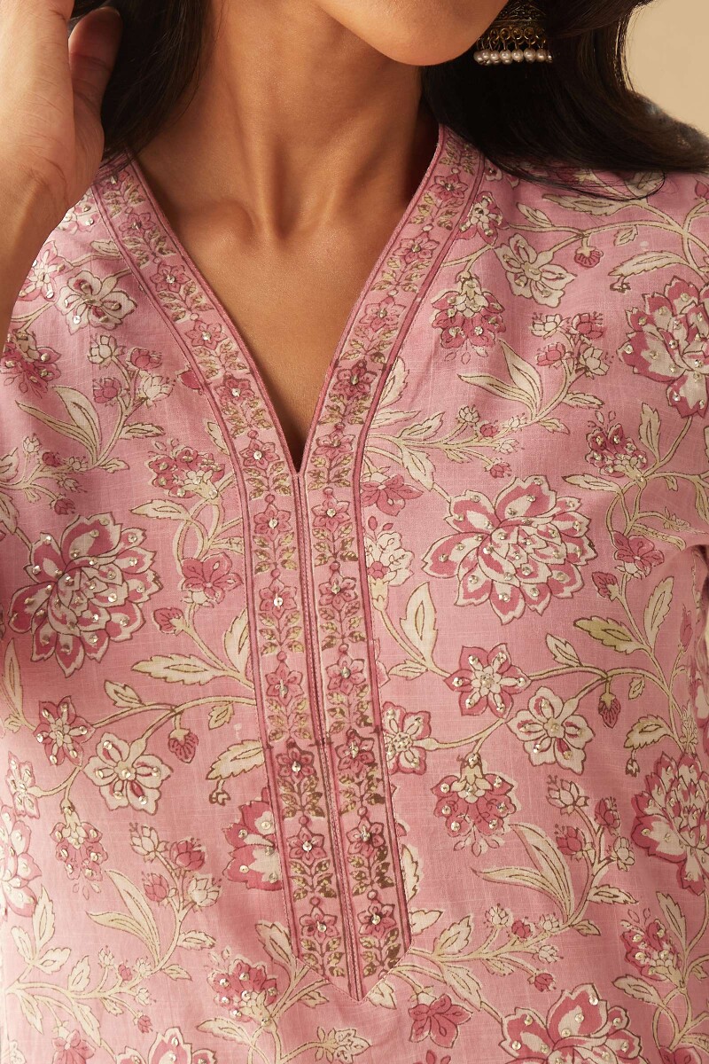 Pink Hand Block-Printed Straight Cotton Slub Kurta