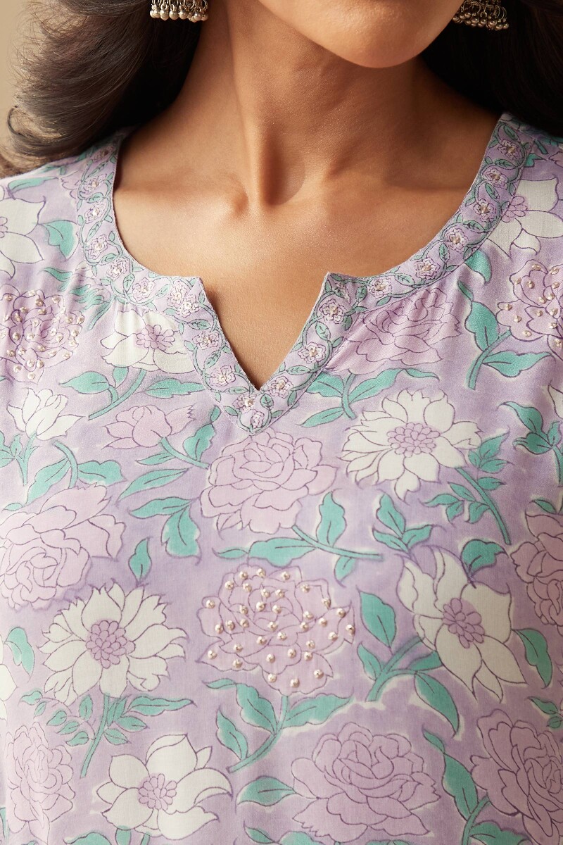 Purple Hand Block-Printed Straight Viscose Kurta