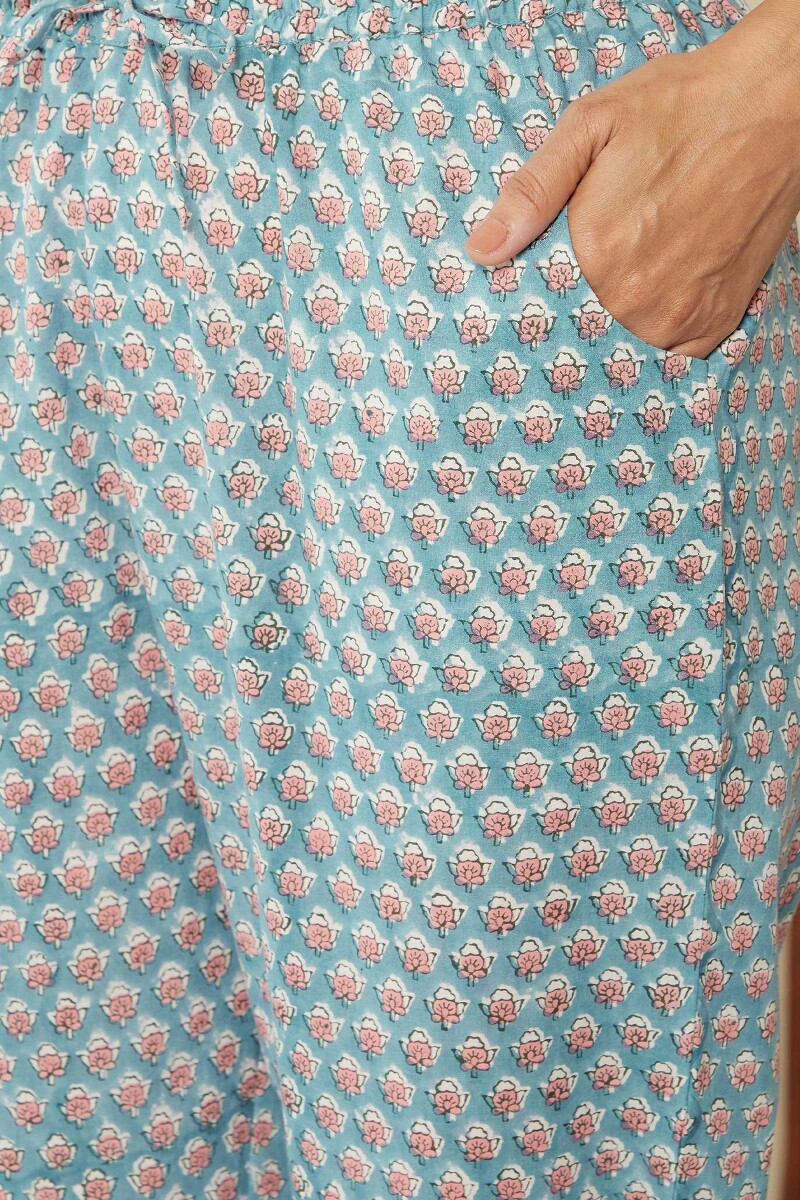 Crystal Blue Hand Block-Printed Cotton Narrow Pants
