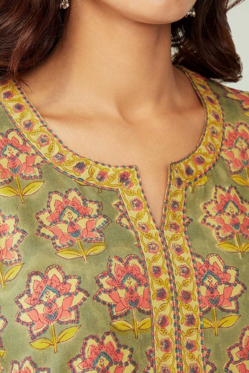 Olive Green Hand Block-Printed Straight Cotton Kurta