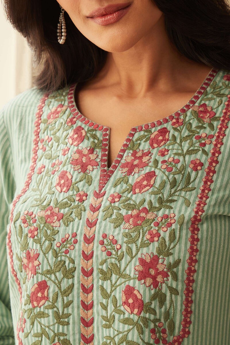 Green Handcrafted Straight Cotton Kurta