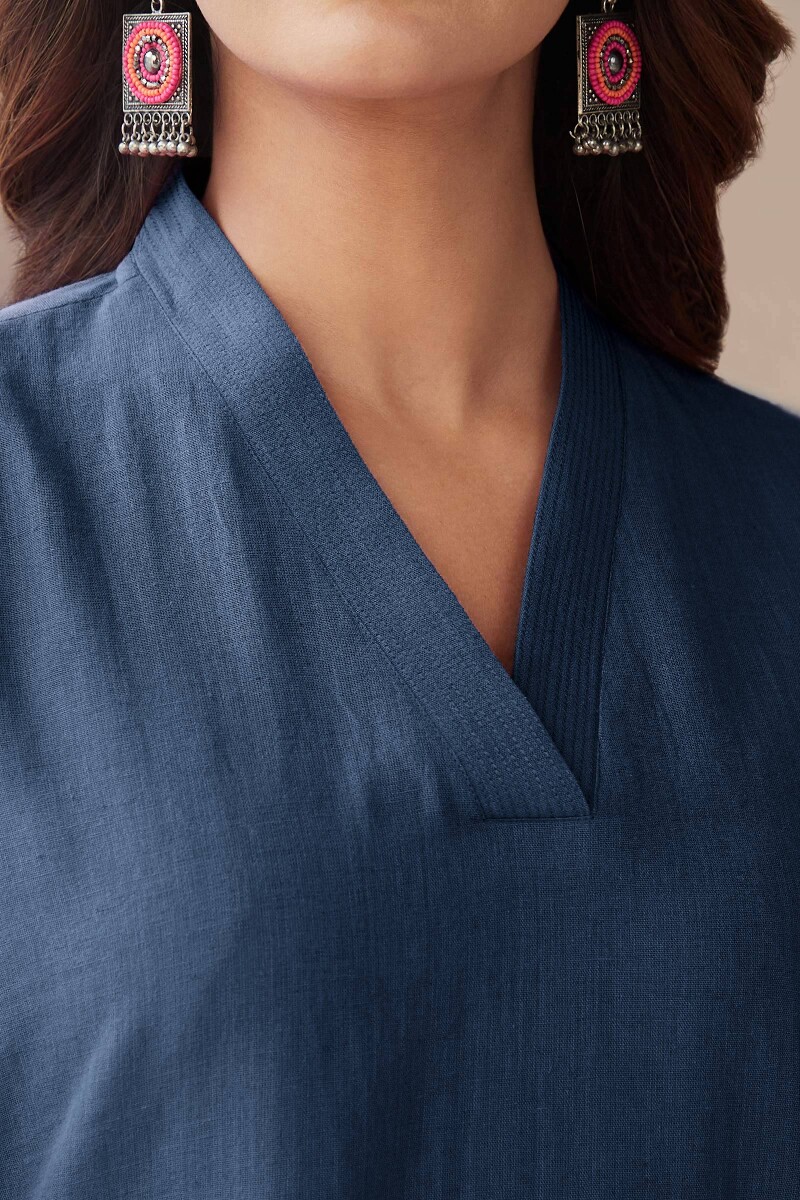 Twilight Blue Handcrafted Straight Cotton Flax Kurta