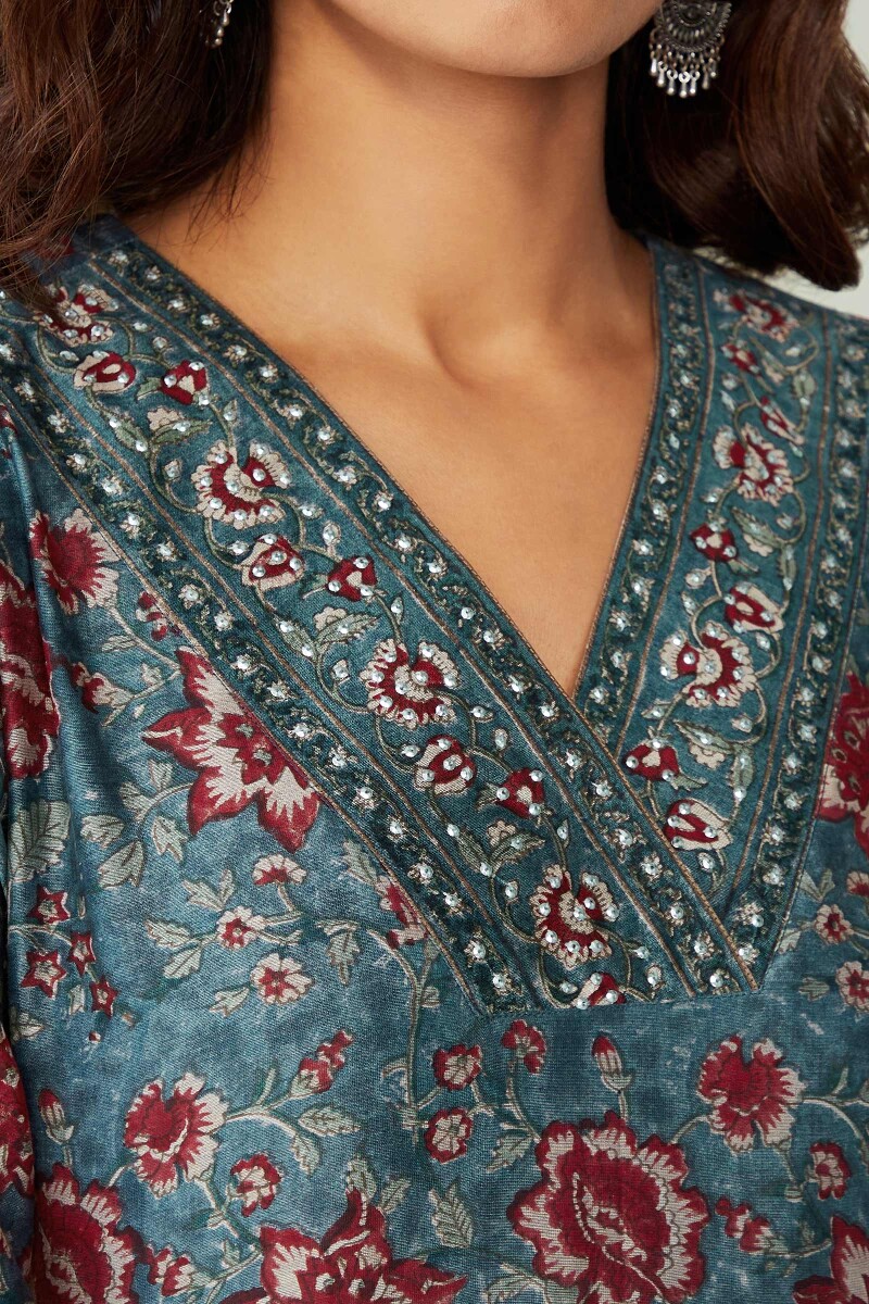 Blue Hand Block-Printed Straight Chanderi Kurta