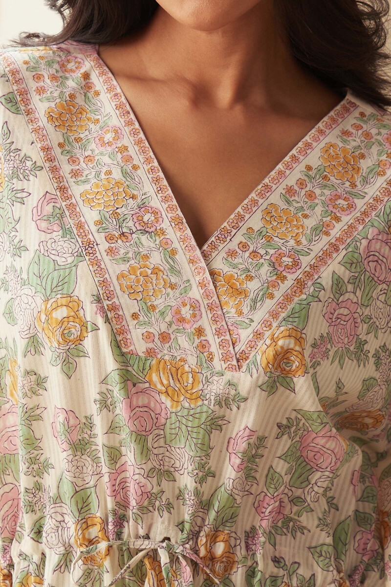 Off-White Hand Block-Printed Cotton Dobby Kaftan