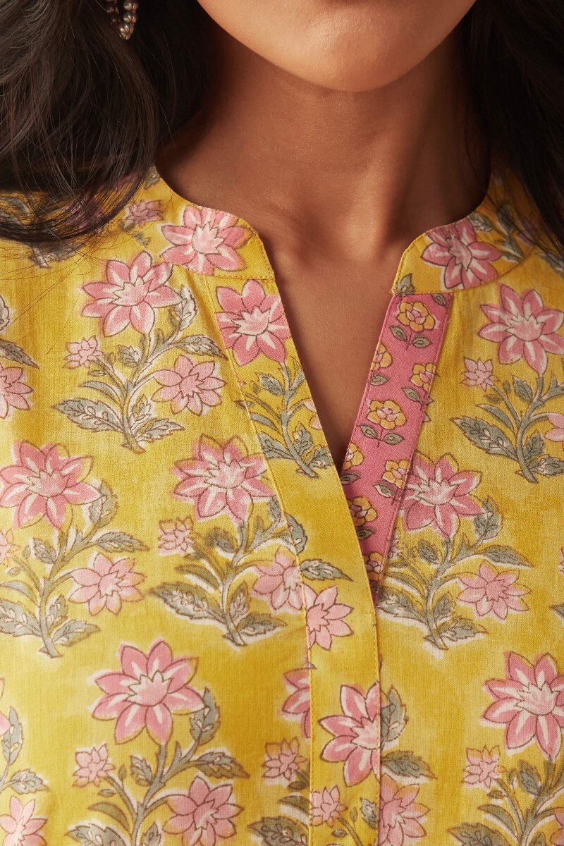 Yellow Hand Block-Printed Straight Cotton Kurta