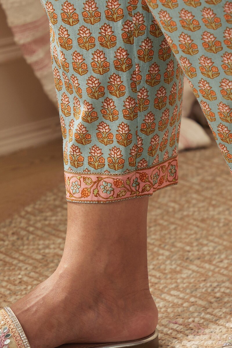 Blue Hand Printed Viscose Narrow Pants