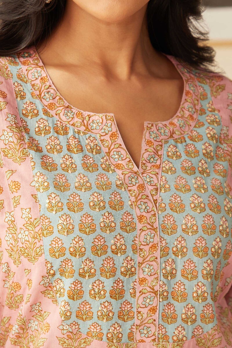Pink Hand Printed Straight Viscose Kurta