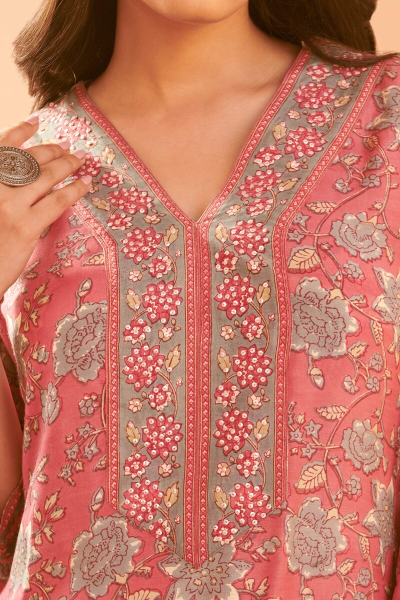 Pink Hand Block-Printed Straight Modal Kurta