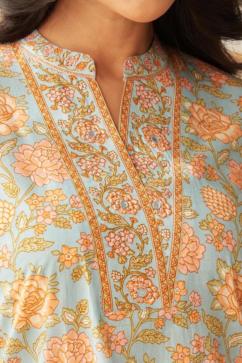Blue Hand Printed Straight Viscose Kurta