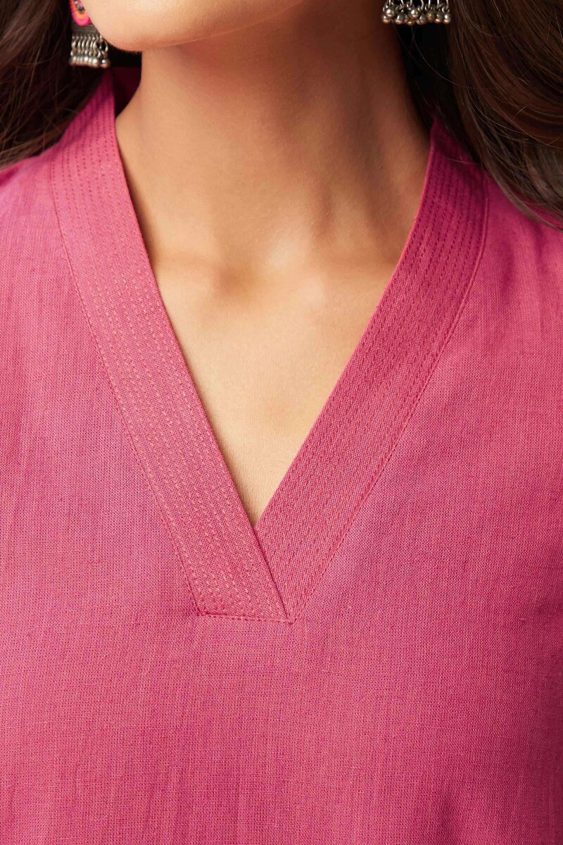 Rose Pink Handcrafted Straight Cotton Flax Kurta