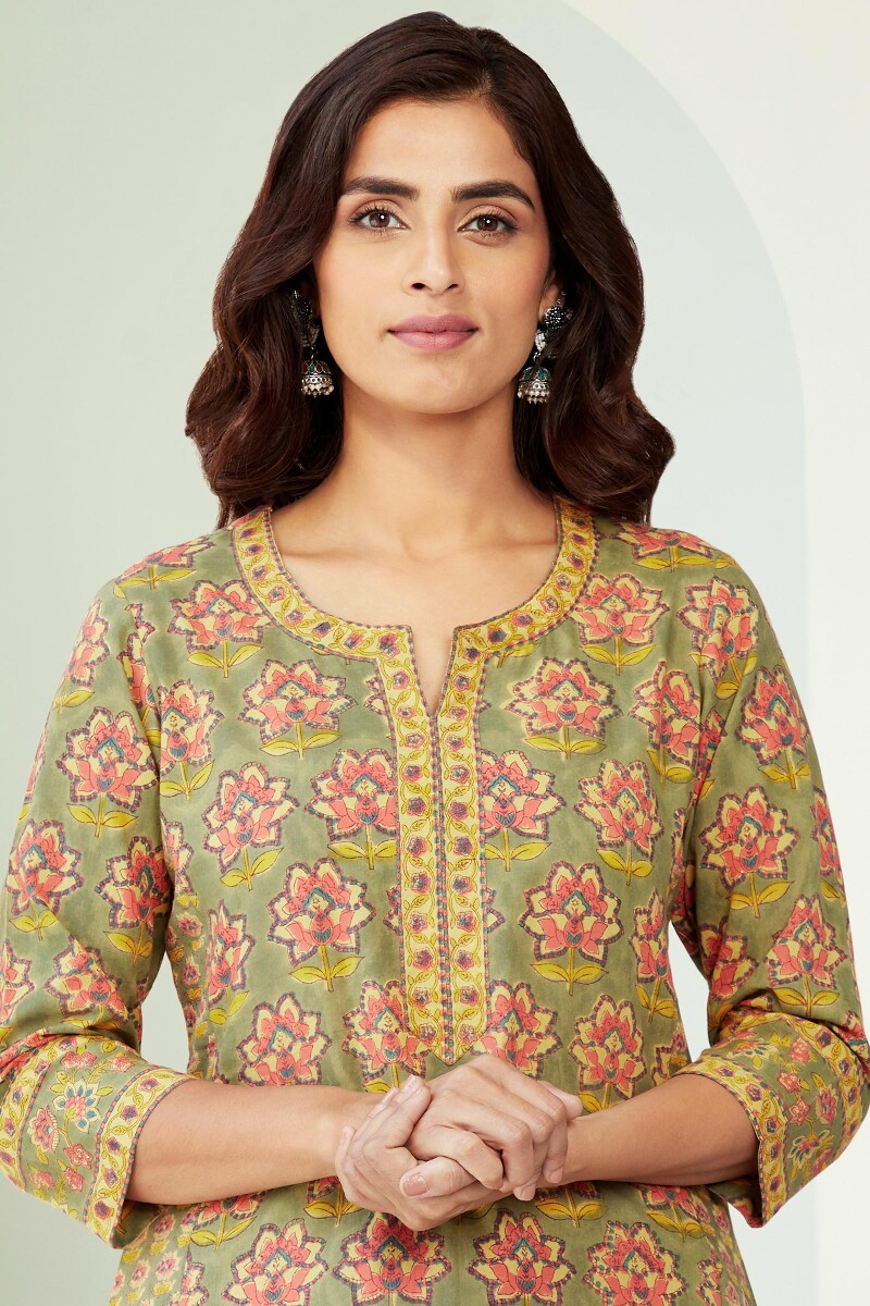 Olive Green Hand Block-Printed Straight Cotton Kurta