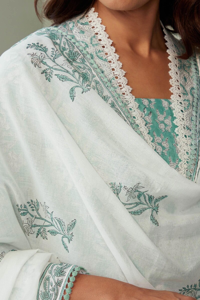 White Hand Block-Printed Cotton Mul Dupatta