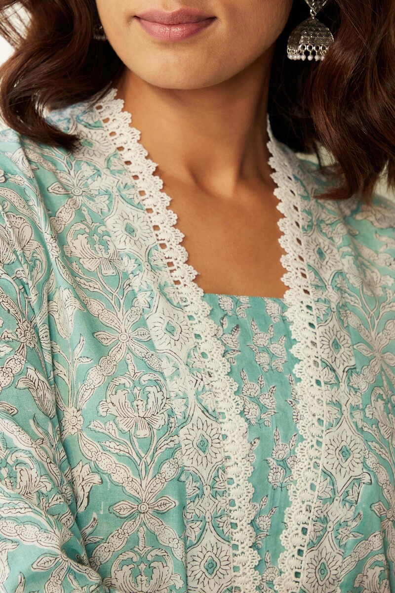 Green Hand Block-Printed Straight Cotton Kurta