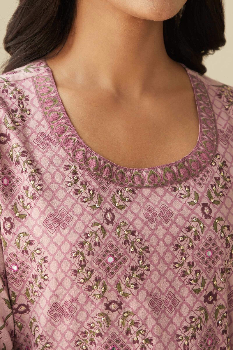 Pink Hand Block-Printed Straight Cotton Kurta
