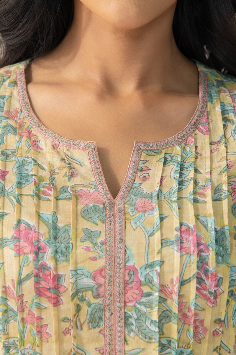 Yellow Hand Block-Printed Straight Cotton Kurta