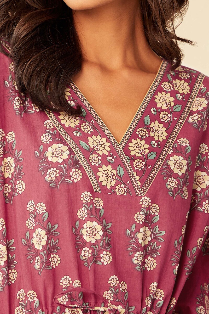 Red Hand Printed Cotton Kaftan