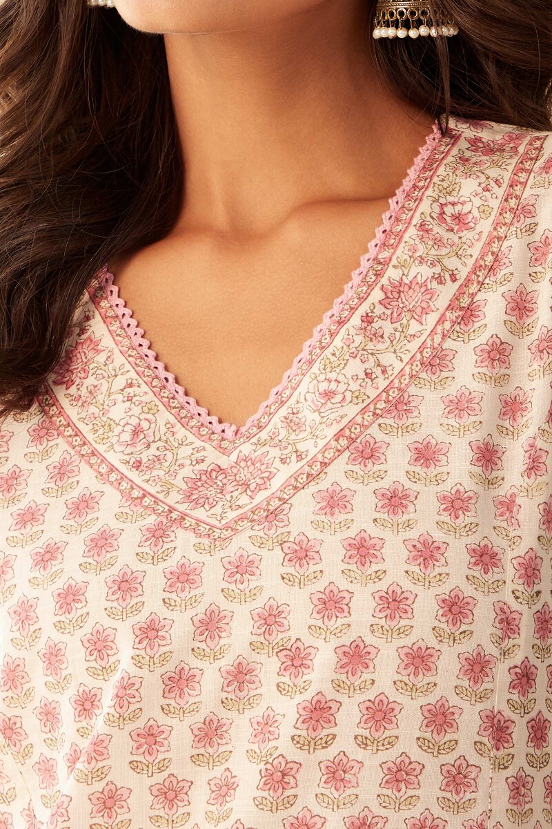 Off-White Hand Block-Printed Straight Cotton Slub Kurta