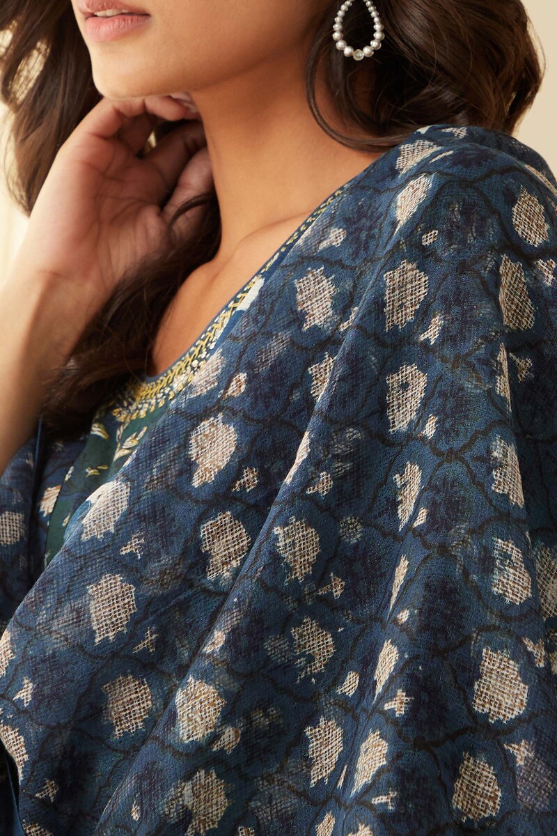 Indigo Hand Block-Printed Kota Dupatta