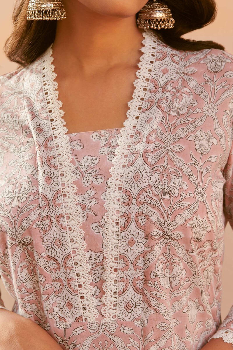 Pink Hand Block-Printed Straight Cotton Kurta