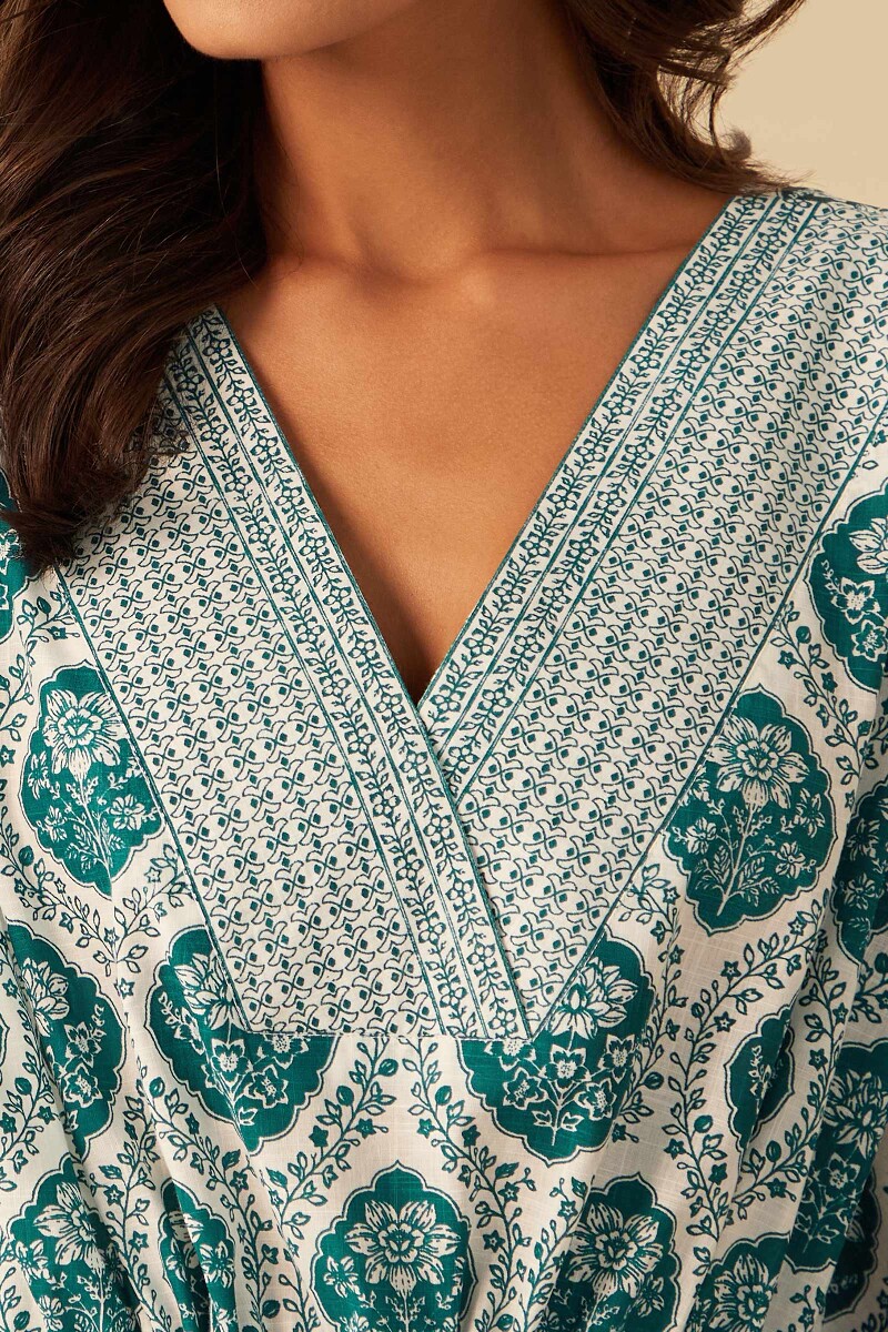 White Hand Printed Cotton Slub Kaftan