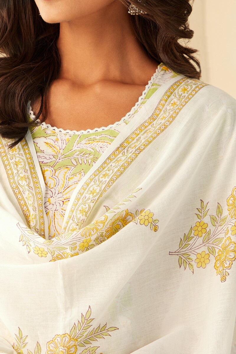 White Hand Block-Printed Cotton Mul Dupatta