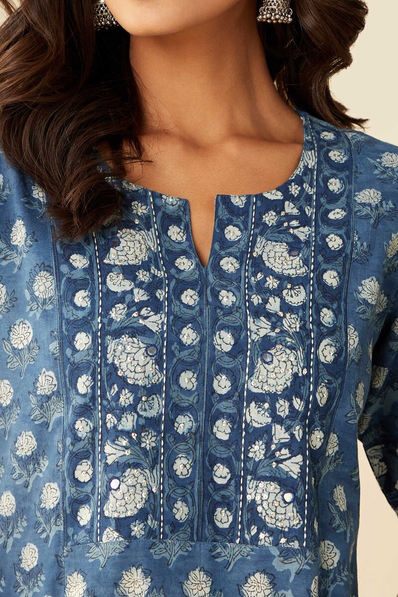 Indigo Hand Block-Printed Straight Cotton Kurta
