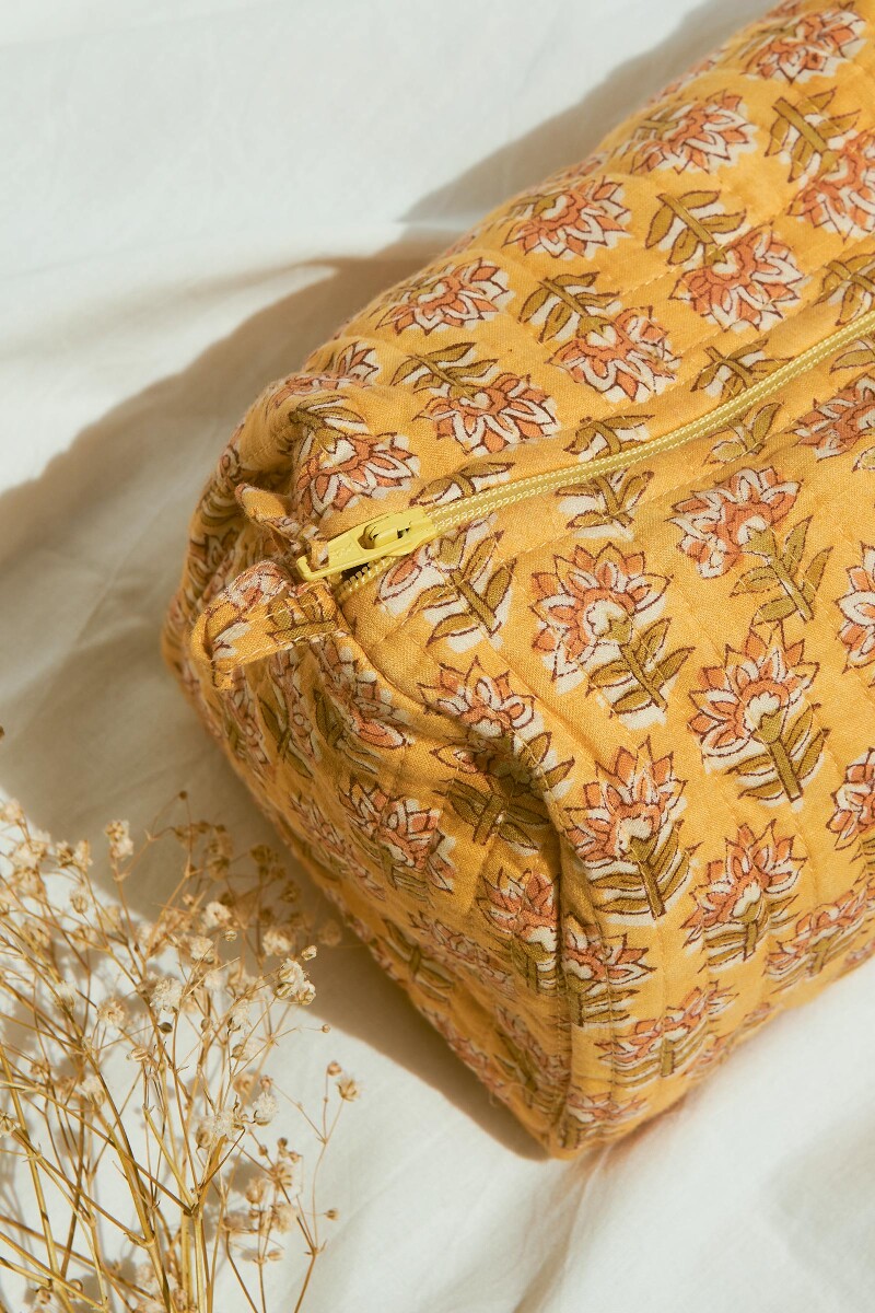 Yellow Hand Block-Printed Cotton Vanity Pouch