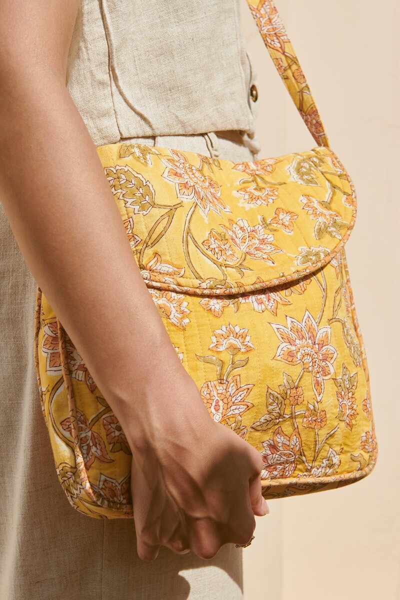 Yellow Hand Block-Printed Cotton Crossbody Bag