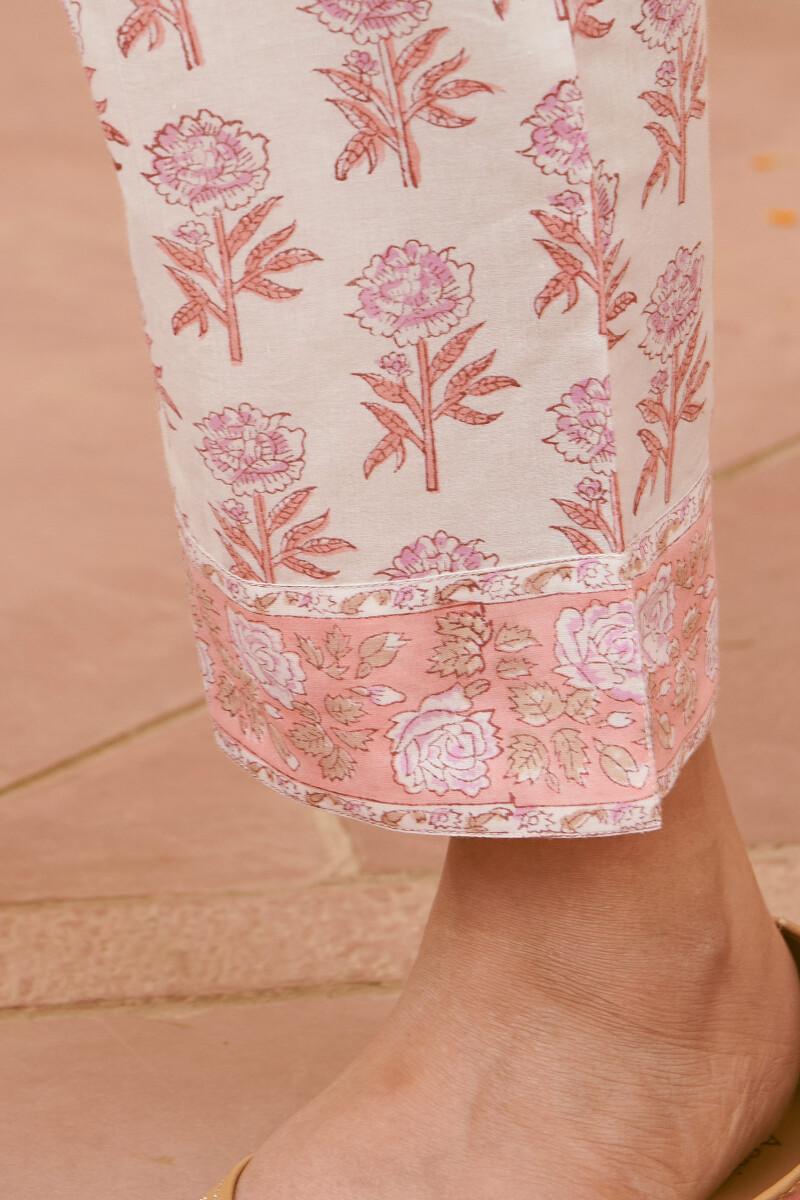 White Hand Block-Printed Cotton Narrow Pants