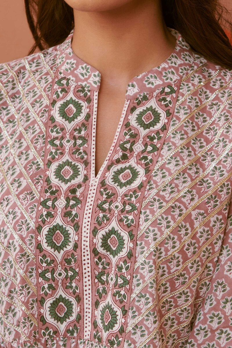 Brown Hand Block-Printed A-Line Cotton Mul Kurta