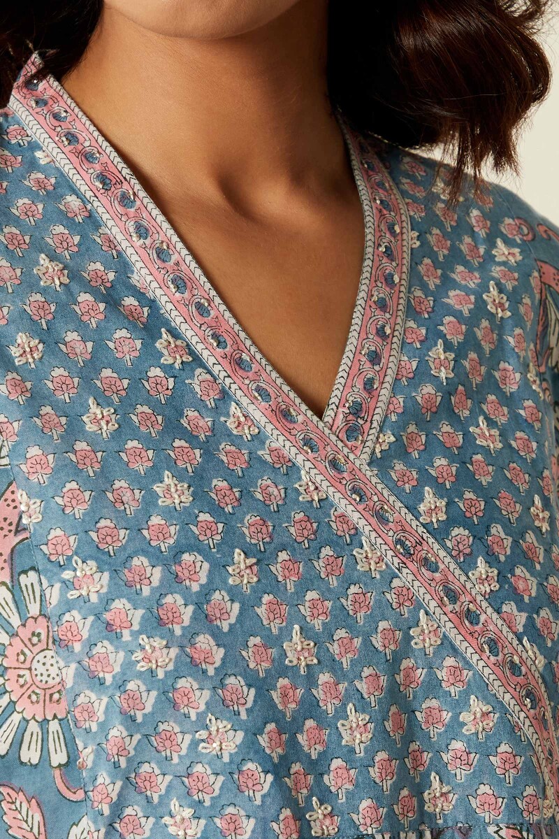 Crystal Blue Hand Block-Printed A-Line Cotton Mul Kurta