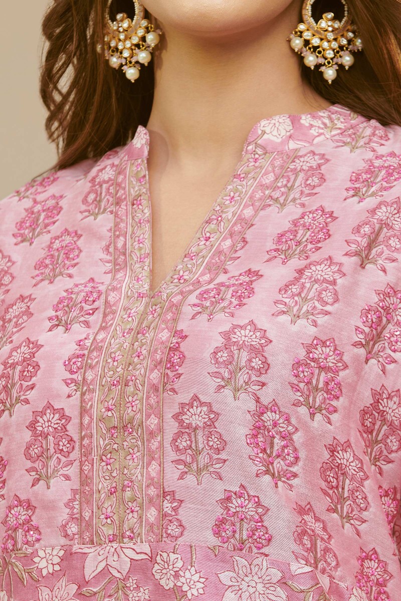 Pink Hand Block-Printed Straight Chanderi Kurta