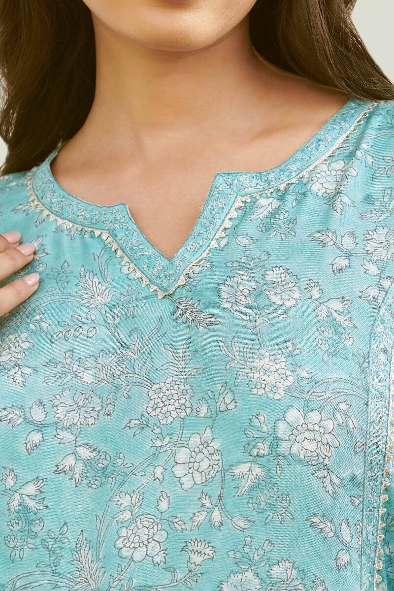 Blue Hand Block-Printed Straight Viscose Kurta