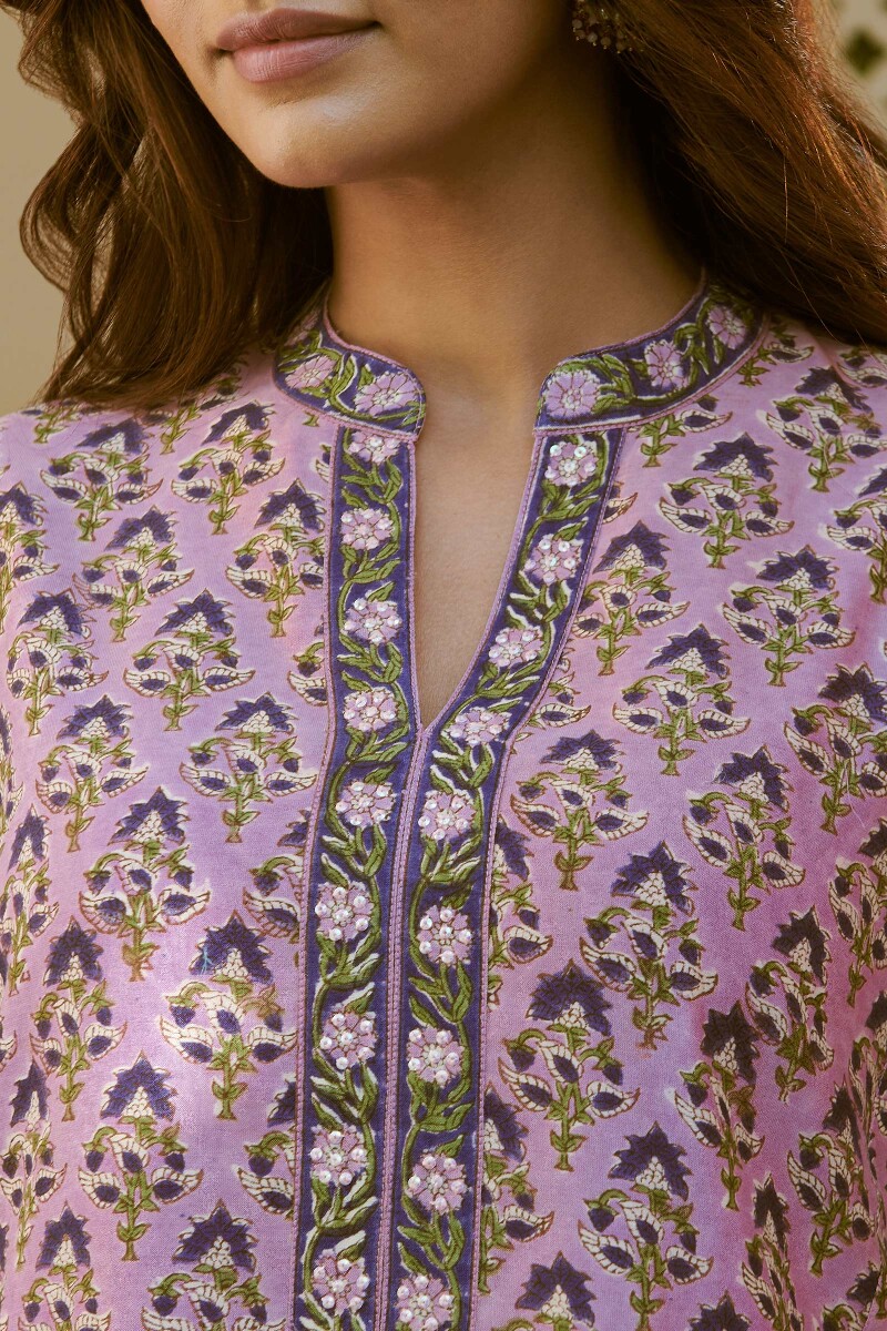 Purple Hand Block-Printed Straight Chanderi Kurta