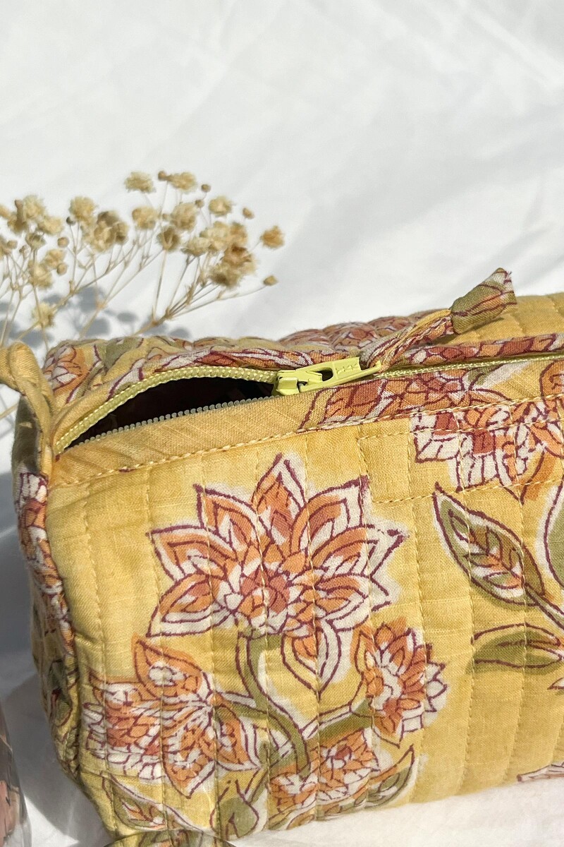 Yellow Hand Block-Printed Cotton Vanity Pouch