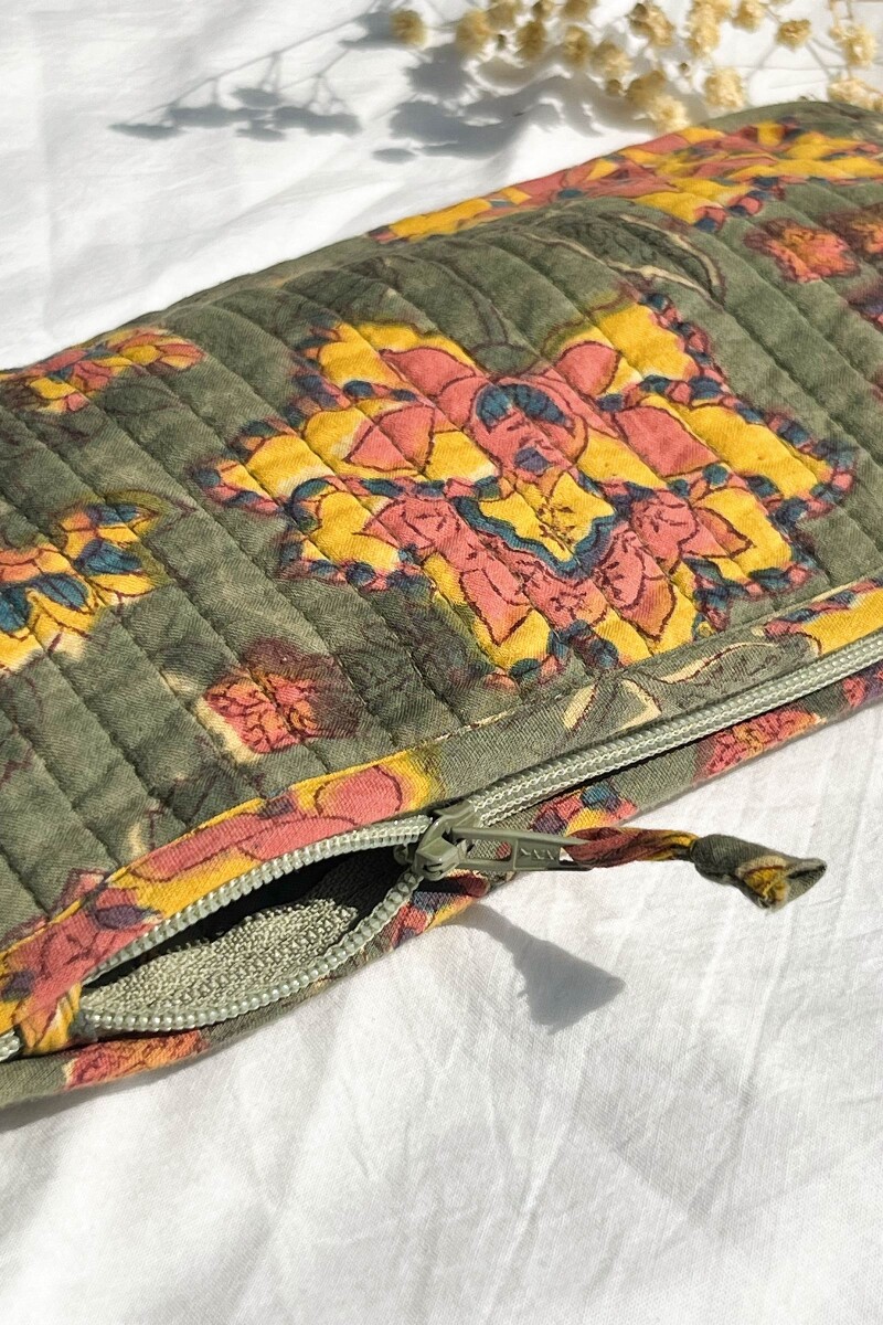 Green Hand Block-Printed Cotton Pencil Pouch