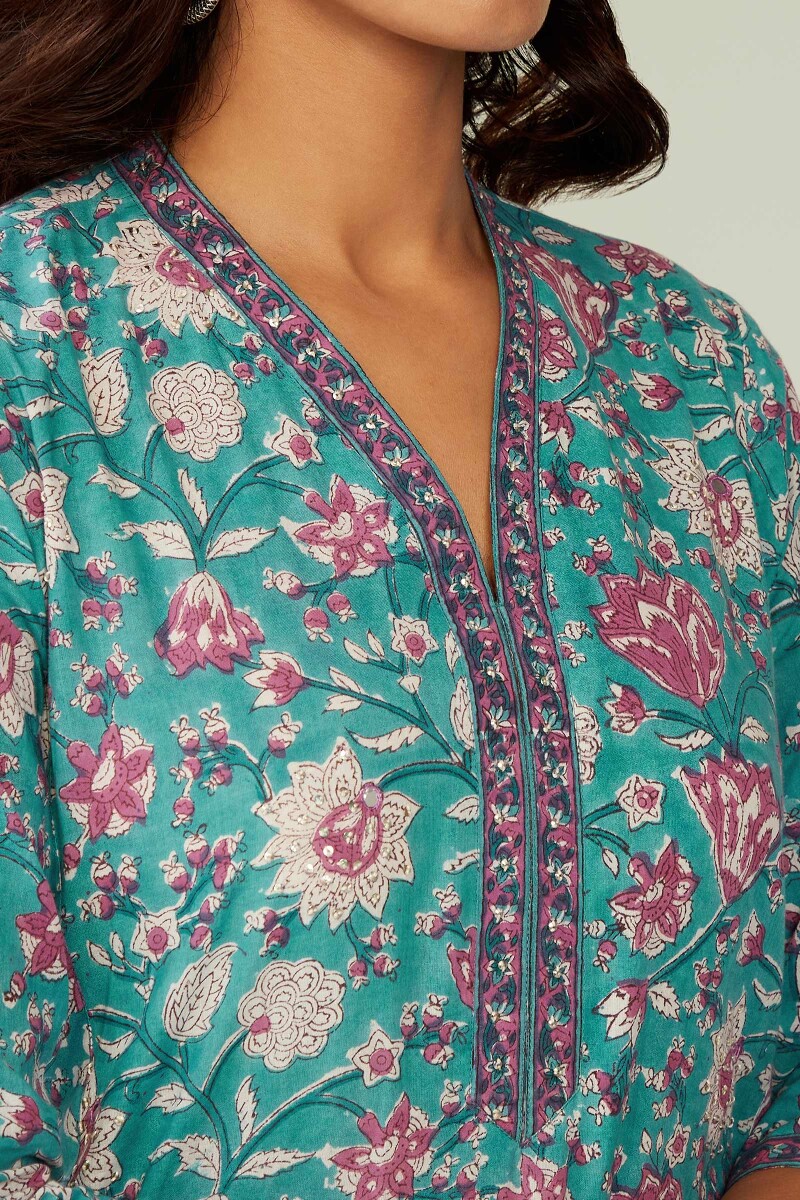 Turquoise Hand Block-Printed Straight Cotton Kurta