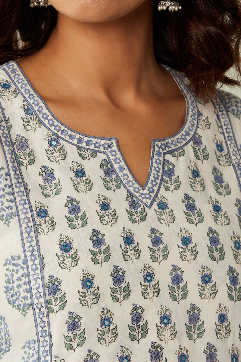 White Hand Block-Printed A-Line Cotton Kurta