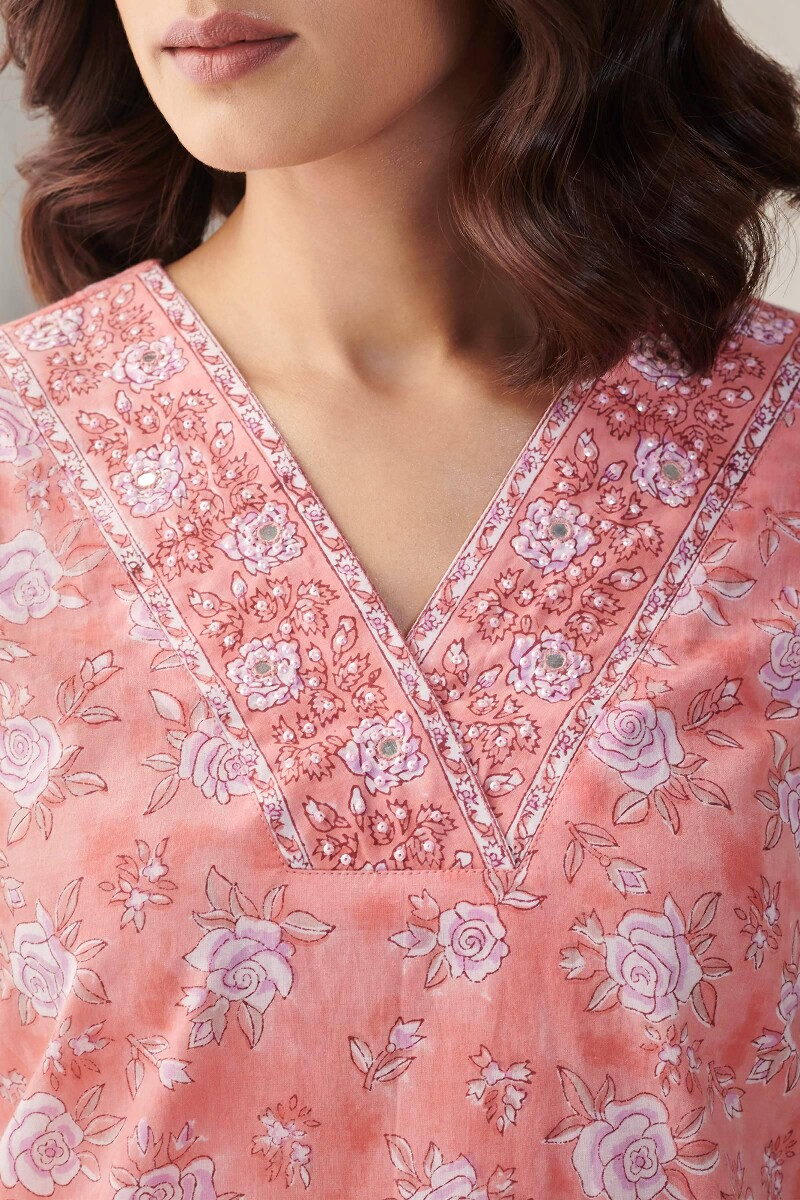 Peach Hand Block-Printed Straight Cotton Kurta