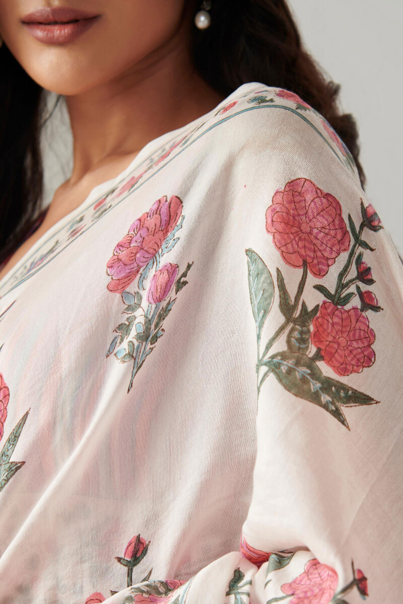Sanganeri Hand Block-Printed Chanderi Saree